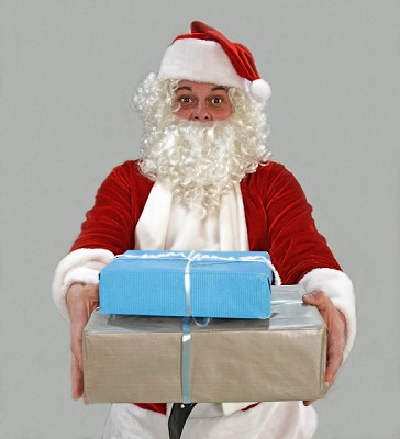 Gloomy Santa giving out Christmas Presents
